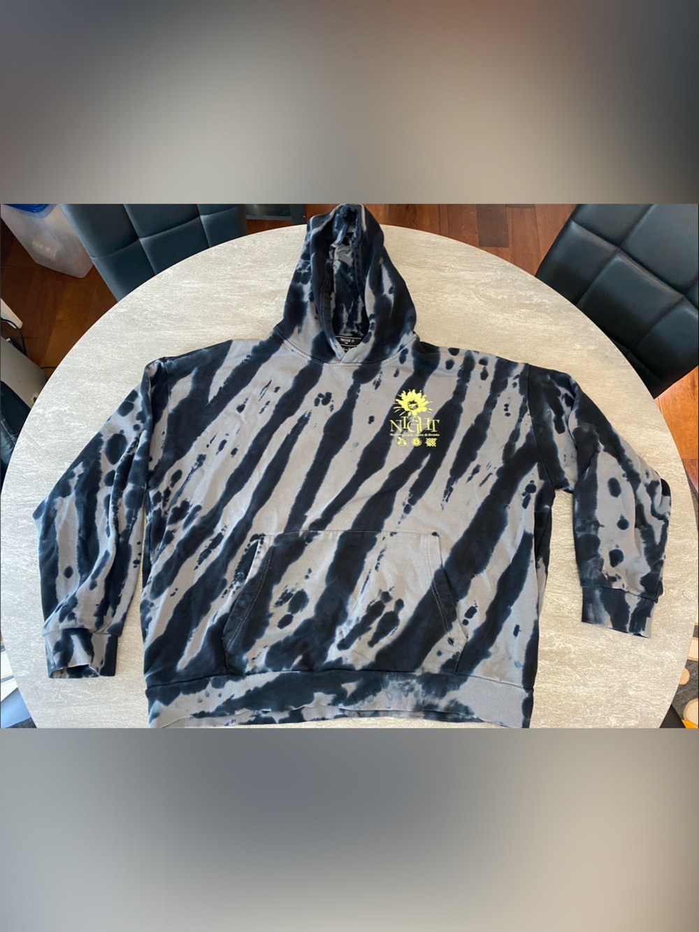 Forever 21 Black & Gray Tie-Dye Zip-Up Hoodie with Yellow Sun Logo